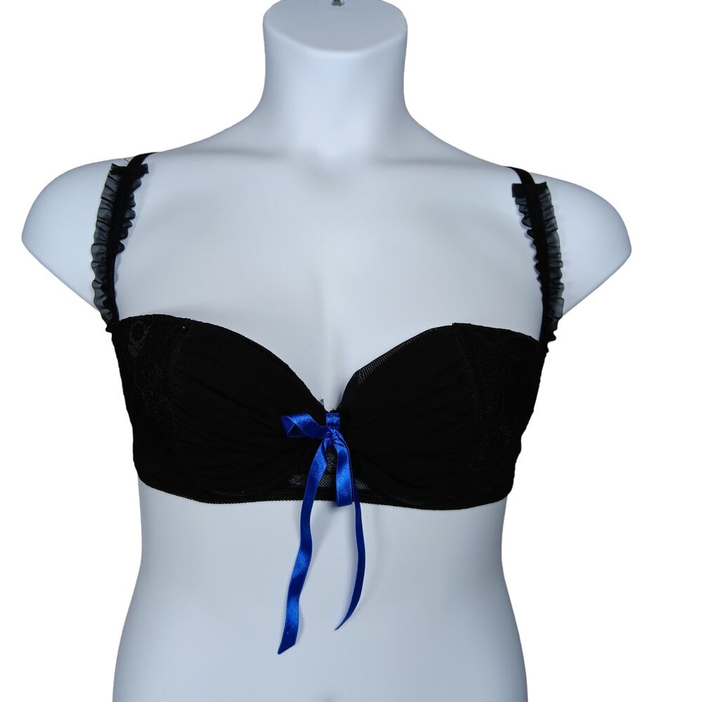 Frederick's Bra Lace and Mesh Black with Ruffled Straps and Blue Bow